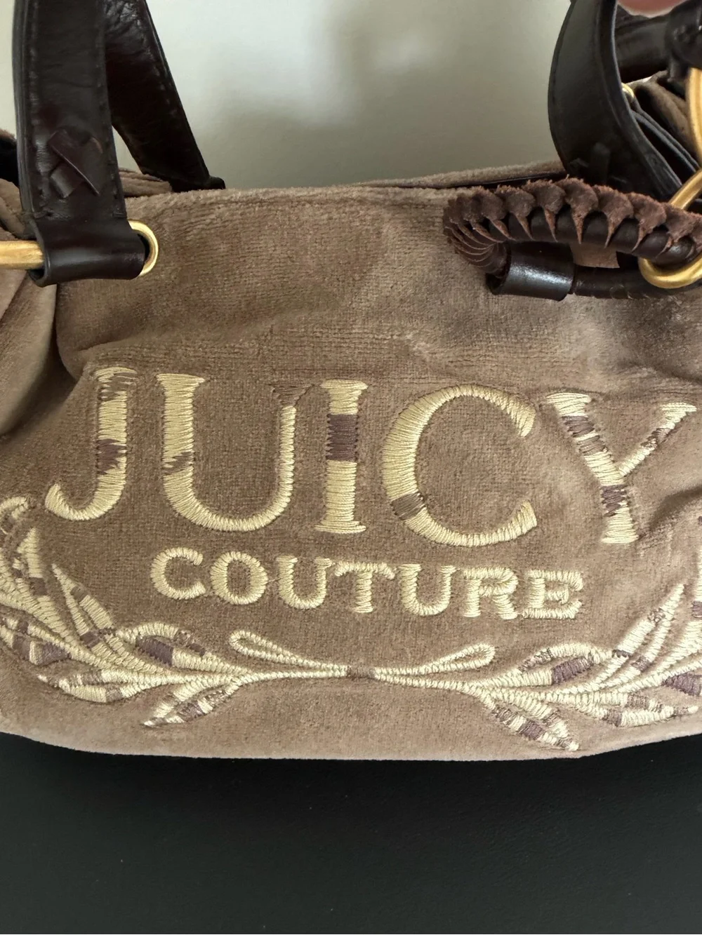 Juicy Couture Velour Satchel Shoulder Bag Doe Brown Y2K Heart Charm - Picture 2 of 16
